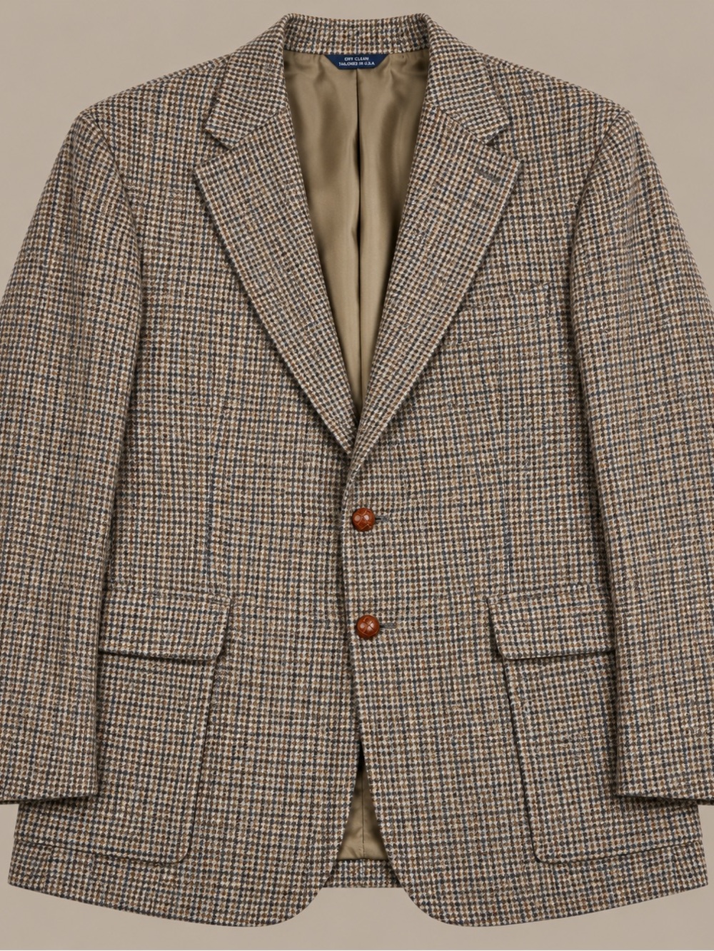 Men's vintage Houndstooth Wool-Blend Blazer - Brown/Beige 100% wool